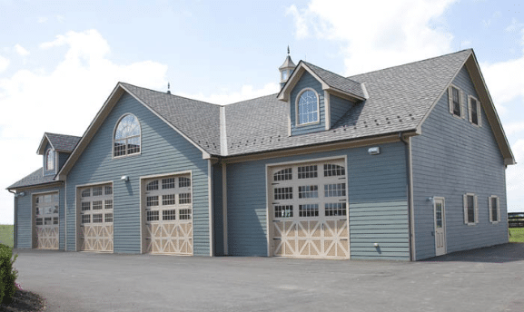 Large garage with tan and glass doors