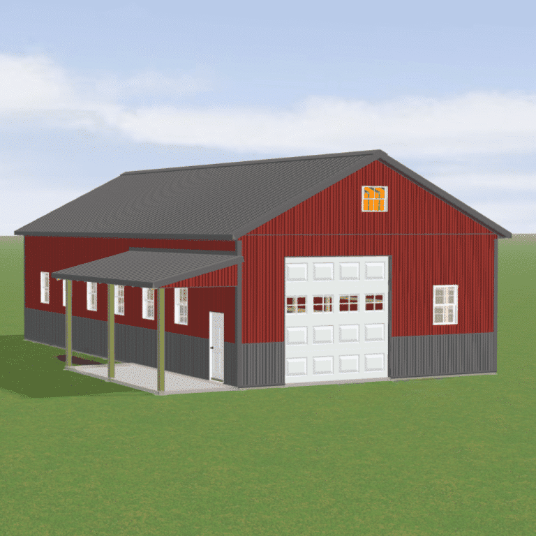 red and grey 30x60 workshop with attic and porch in east freetown ma