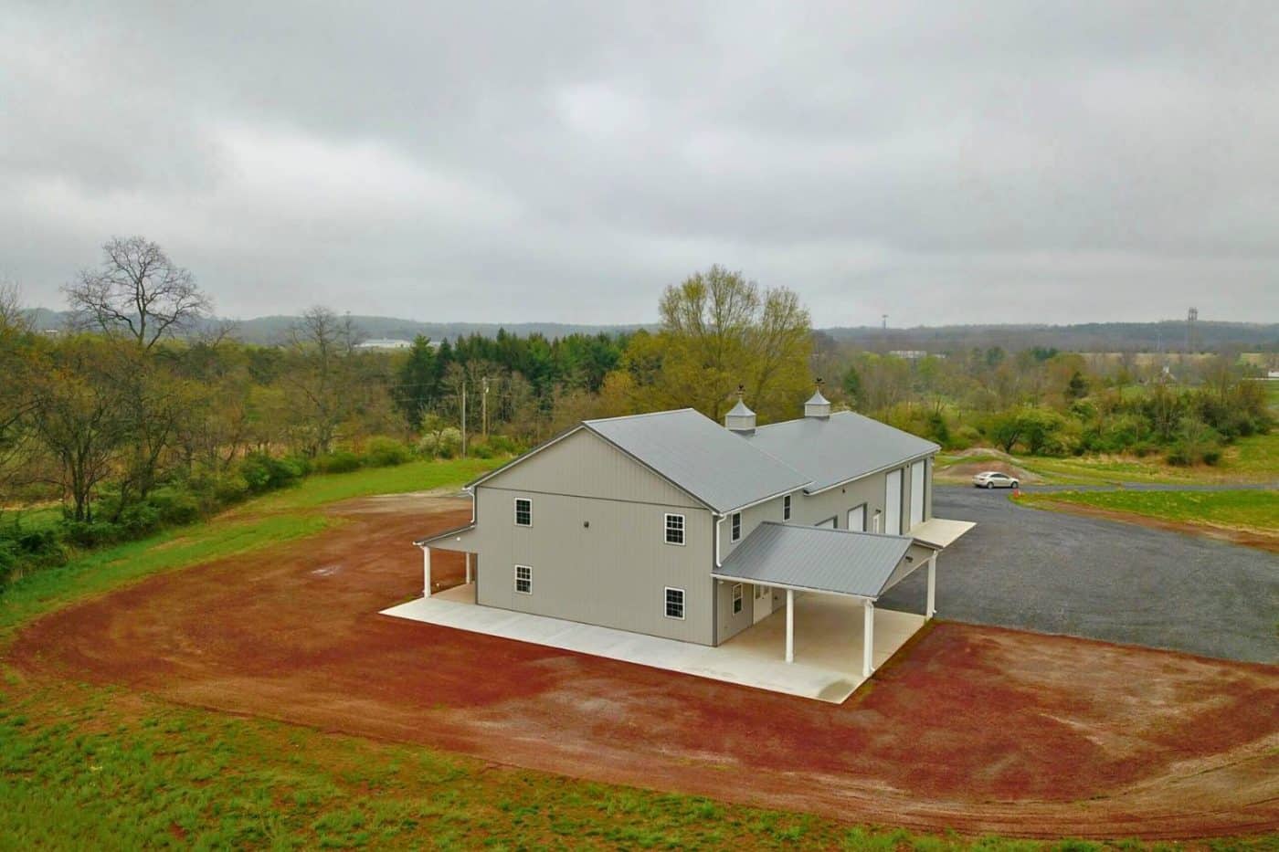 aerial shot of barndominium